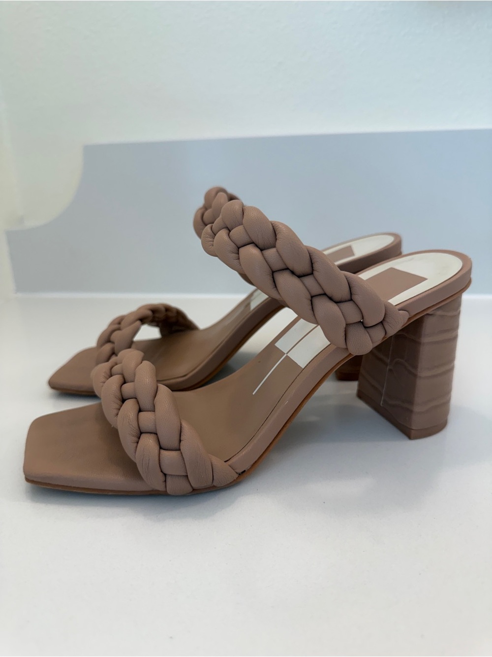 Braided Double-Strap Block Heel Sandals in Taupe